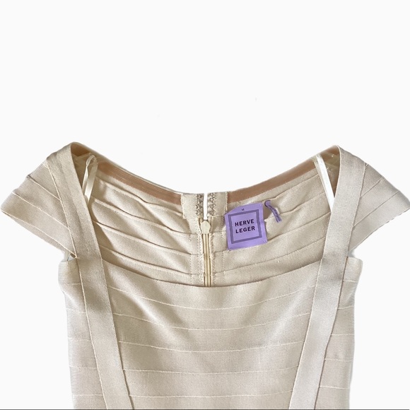 Herve Ledger Cap Sleeve Bandage Dress in Champagne. Sz. M - Picture 3 of 5
